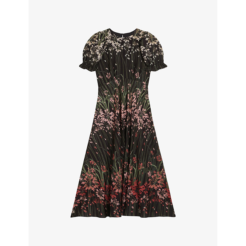 Ted Baker Womens Black Ruched-sleeve Floral-print Woven Midi Dress