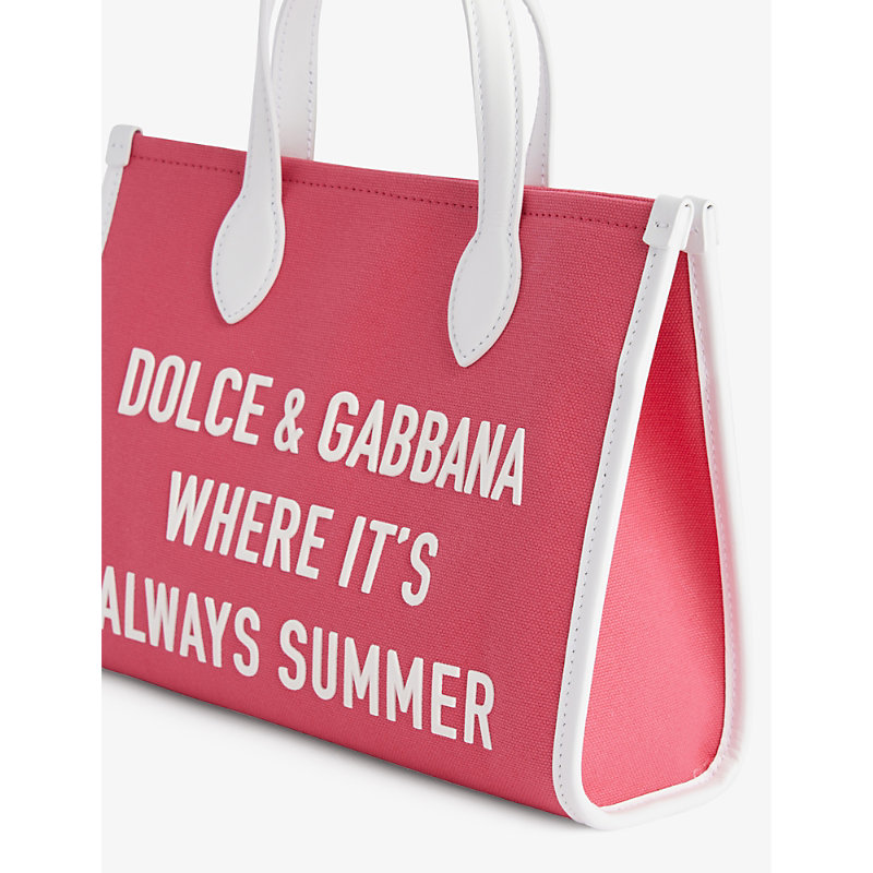 Shop Dolce & Gabbana Girls Raspberry Kids' Slogan-appliqué Cotton Top-handle Bag
