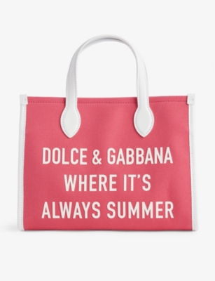 Shop Dolce & Gabbana Girls Raspberry Kids' Slogan-appliqué Cotton Top-handle Bag