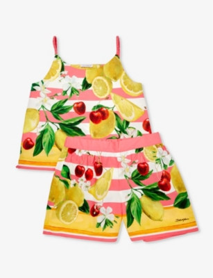 Shop Dolce & Gabbana Girls Limoni&ciliegie Fld Kids Graphic-print Stripe Two-piece Cotton-poplin Set 6-12