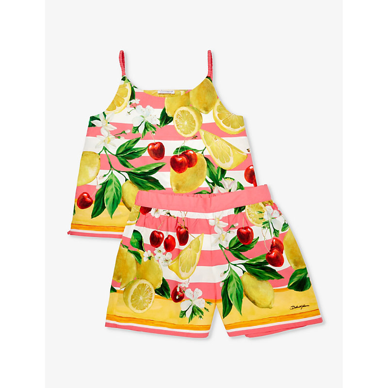 Shop Dolce & Gabbana Girls Limoni&ciliegie Fld Kids Graphic-print Stripe Two-piece Cotton-poplin Set 6-12