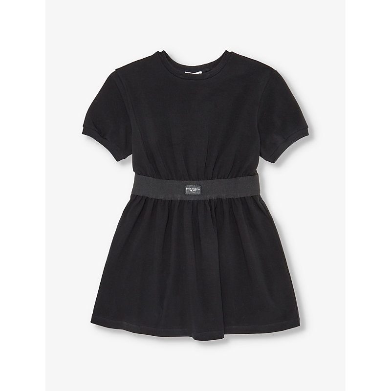 Dolce & Gabbana Kids' Branded-waistband Flared-hem Stretch-cotton Dress 4-12 Years In Black