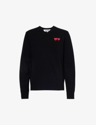 Comme De Garcon Play Heart-appliqué V-neck Wool-knit Jumper In Black