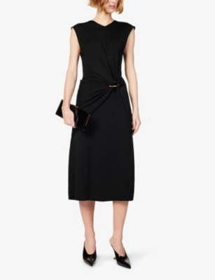 Shop Jil Sander Low-back Gathered-waist Wool Midi Dress In Black