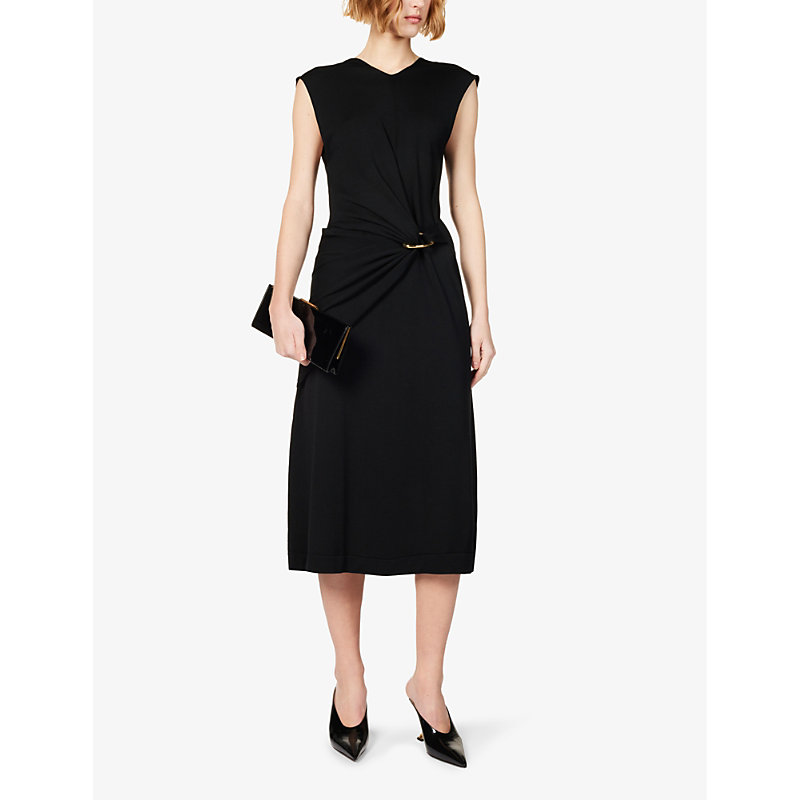 Shop Jil Sander Women's Black Low-back Gathered-waist Wool Midi Dress