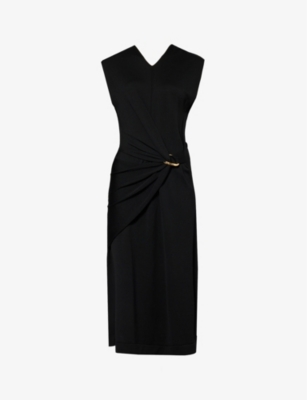 Jil Sander Womens Black Low-back Gathered-waist Wool Midi Dress