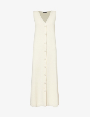 Shop Jil Sander Women's Chalk V-neck Split-hem Cotton-blend Midi Dress