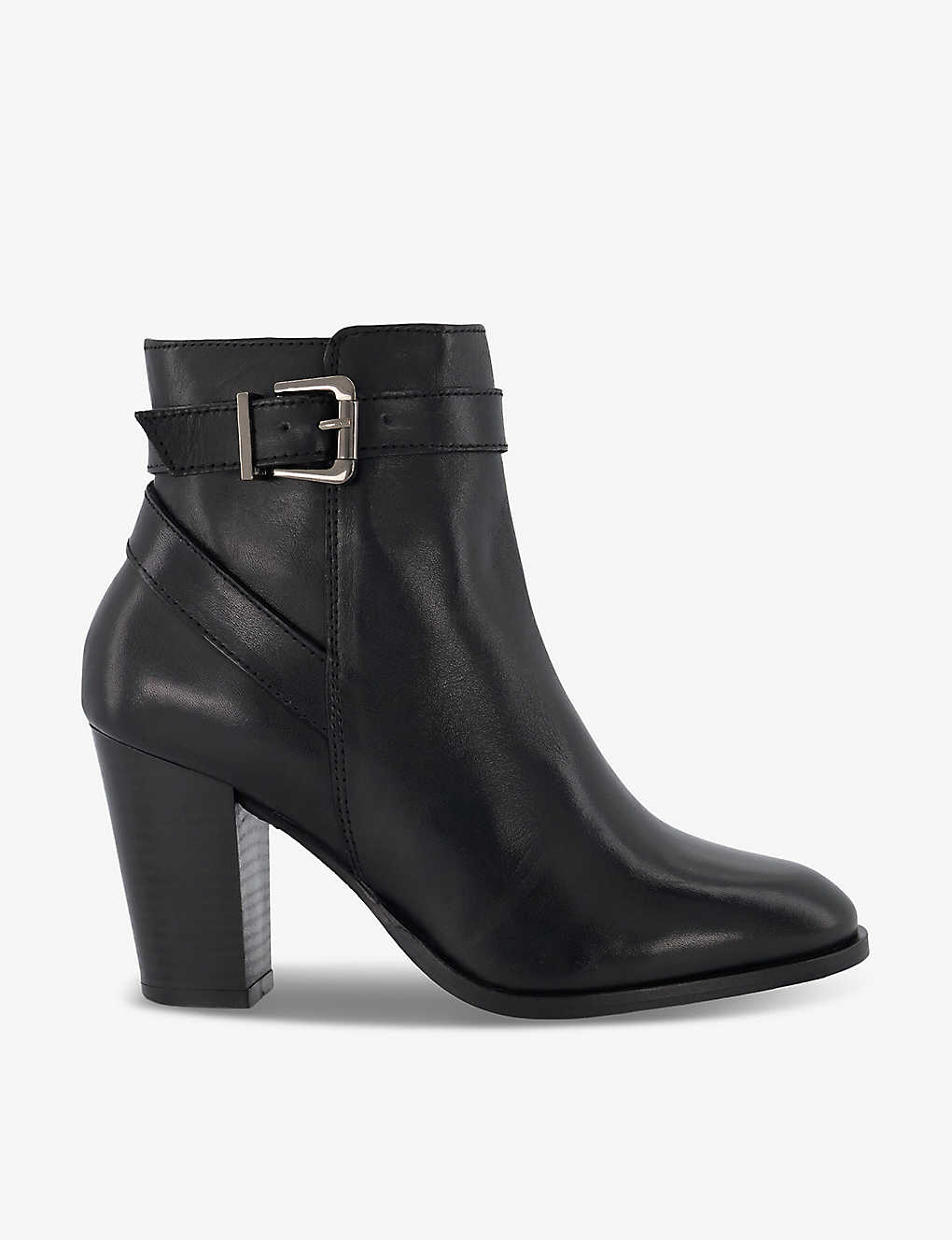 Dune Womens Black-leather Philippa Buckle-embellished Block-heel Leather Ankle Boots