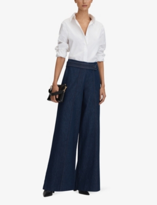Shop Reiss Women's Dark Blue Lianna Belted Wide-leg Mid-rise Denim Jeans