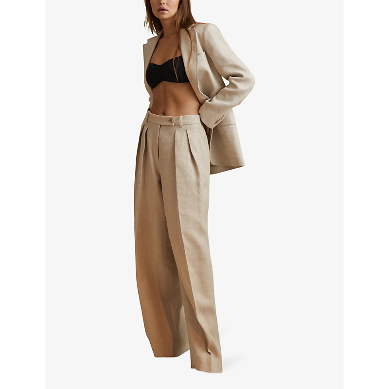 Shop Reiss Womens Natural Cassie Wide-leg High-rise Linen Trousers
