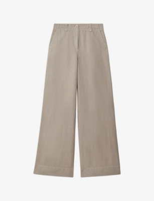 Shop Reiss Women's Light Khaki Demi Wide-leg High-rise Linen Trousers