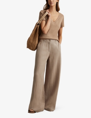Shop Reiss Women's Mink Neutral Demi Wide-leg High-rise Linen Trousers