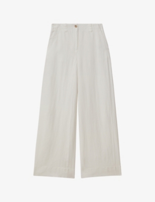 Shop Reiss Women's White Demi Wide-leg High-rise Linen Trousers