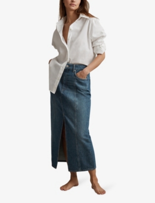 Shop Reiss Women's Mid Blue Daila Front-split High-rise Stretch-denim Midi Skirt