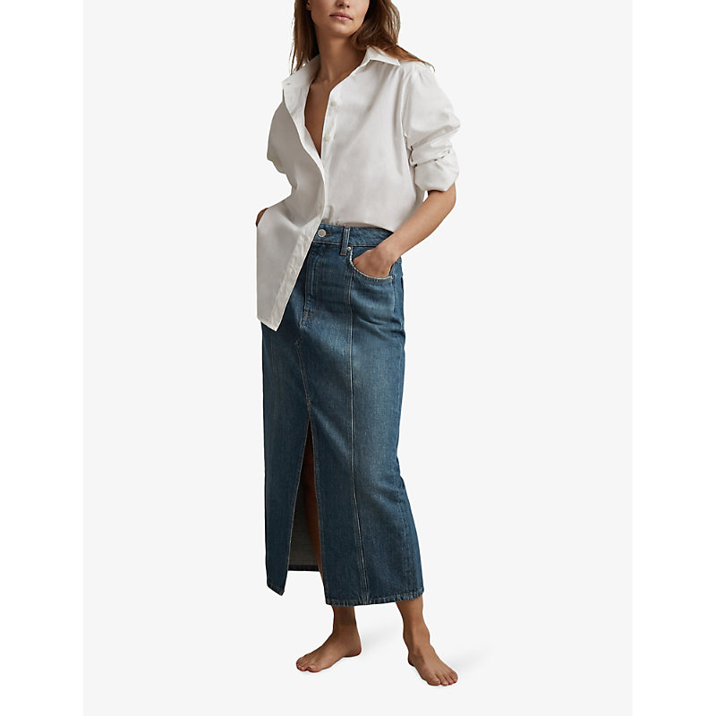 Shop Reiss Womens Mid Blue Daila Front-split High-rise Stretch-denim Midi Skirt