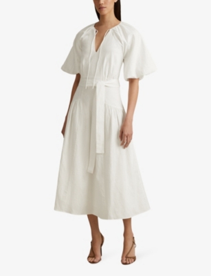 Shop Reiss Women's White Alice Puff-sleeve Belted-waist Linen And Cotton-blend Midi Dress