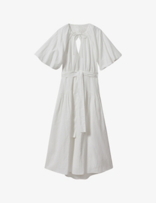 REISS: Alice puff-sleeve belted-waist linen and cotton-blend midi dress