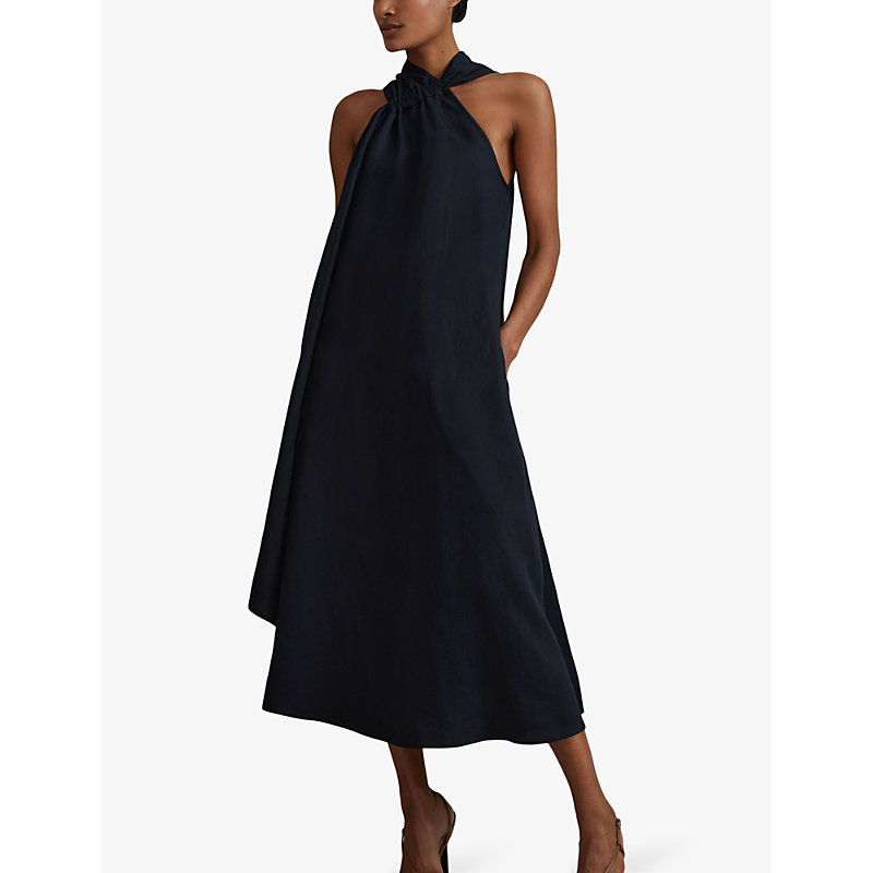 Shop Reiss Women's Navy Cosette Relaxed-fit Halter-neck Linen Maxi Dress