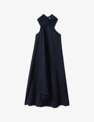 Reiss Navy Cosette Linen Blend Drape Midi Dress In Navy
