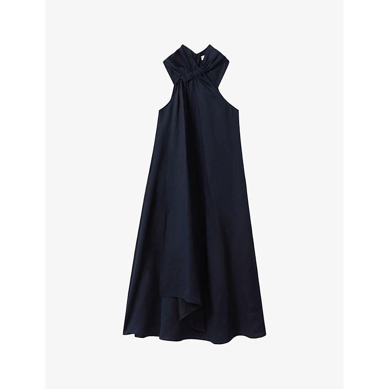 Shop Reiss Women's Navy Cosette Relaxed-fit Halter-neck Linen Maxi Dress