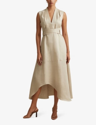 Shop Reiss Women's Neutral Ava Belted-waist Dipped-hem Linen Midi Dress