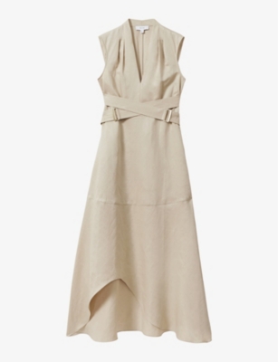 REISS: Ava belted-waist dipped-hem linen midi dress