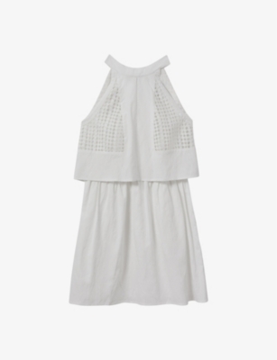 Reiss White Broderie Halter Neck Mini Dress With Linen In White