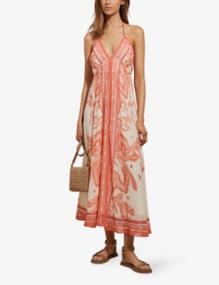 Shop Reiss Women's Coral Delilah Graphic-print Halter-neck Woven Midi Dress