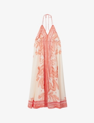 Shop Reiss Women's Coral Delilah Graphic-print Halter-neck Woven Midi Dress