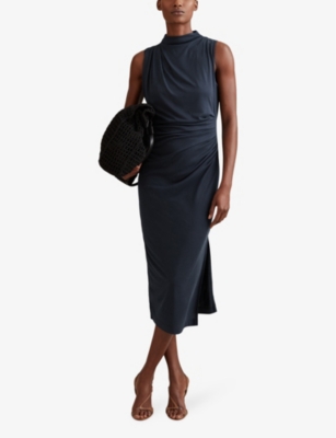 Beaux high-neck draped woven midi dress