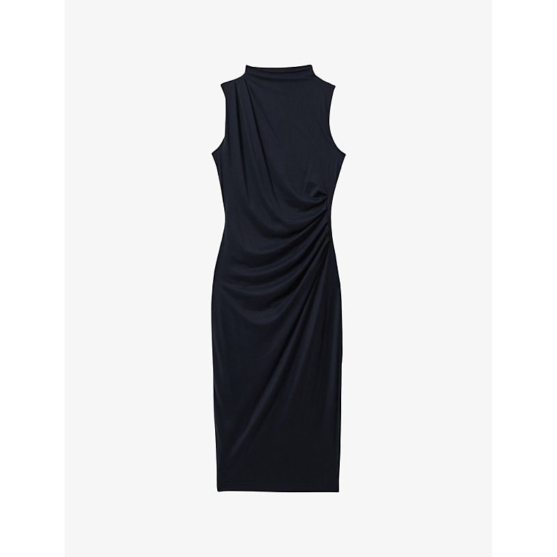 Reiss Womens Navy Beaux High-neck Draped Woven Midi Dress
