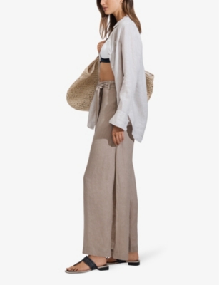 Shop Reiss Women's Taupe Harry Side-split High-rise Linen Trousers