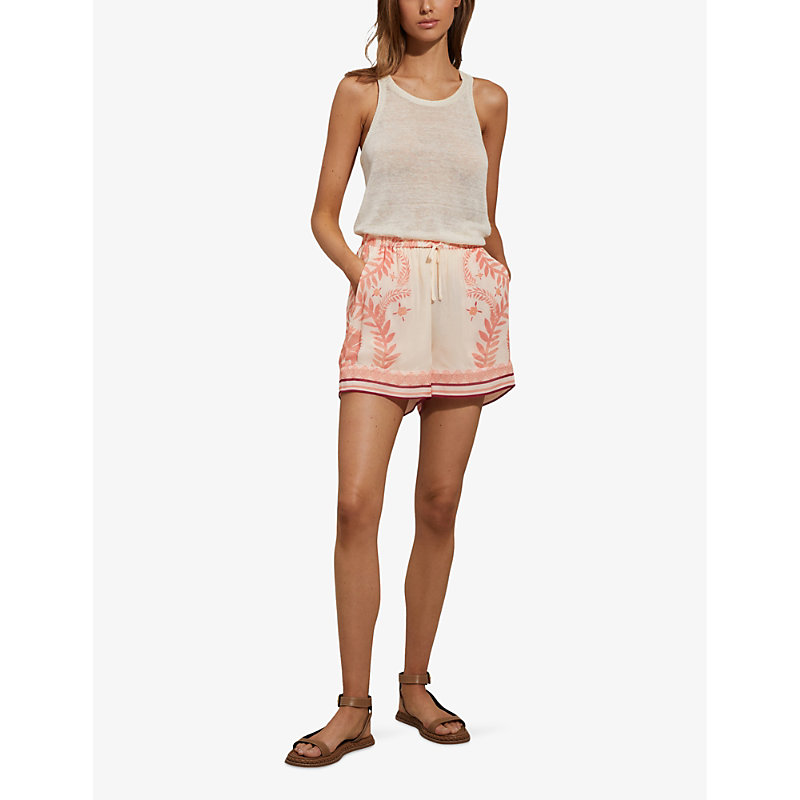 Shop Reiss Women's Cream/coral Chloe Fern-print Elasticated-waist Woven Shorts