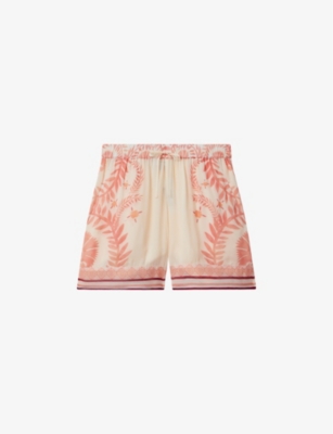 Shop Reiss Women's Cream/coral Chloe Fern-print Elasticated-waist Woven Shorts
