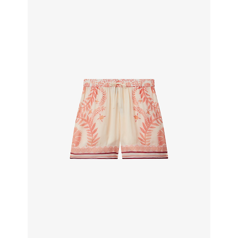 Shop Reiss Womens Cream/coral Chloe Fern-print Elasticated-waist Woven Shorts