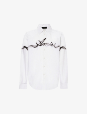 Shop Amiri Men's White Smoke Branded-print Cotton-poplin Shirt