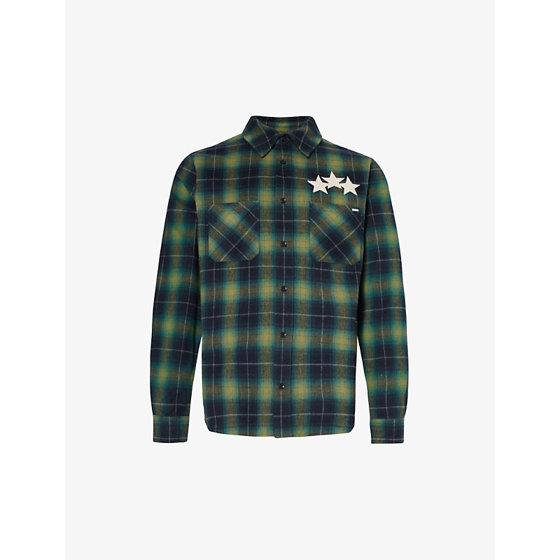 Amiri Men's Dark Green Leather-appliqué Relaxed-fit Cotton Flannel Shirt