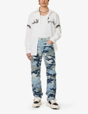Shop Amiri Men's Perfect Indigo Branded Camouflage-panel Straight-leg Jeans