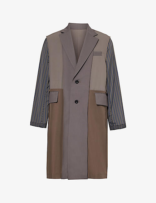 SACAI: Striped-sleeve notched-lapel regular-fit woven coat
