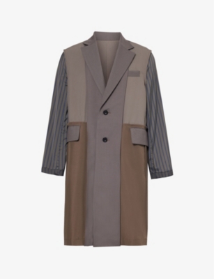 Shop Sacai Men's Taupe Striped-sleeve Notched-lapel Regular-fit Woven Coat