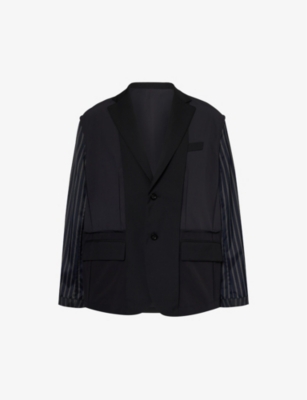 Sacai Mens Black Notched-lapels Contrast-sleeve Relaxed-fit Woven Jacket