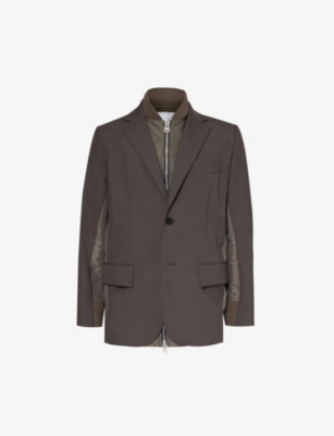 Sacai Mens Taupe Notched-lapel Padded-shoulder Relaxed-fit Woven Jacket