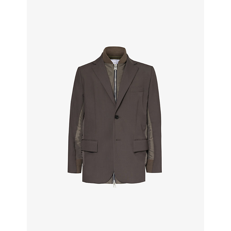 Sacai Mens Taupe Notched-lapel Padded-shoulder Relaxed-fit Woven Jacket
