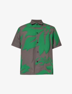 Shop Sacai Men's Taupe Green Short-sleeve Welt-pocket Boxy-fit Woven Shirt