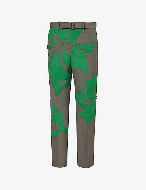 SACAI: Leaf-embellished tapered-leg woven trousers