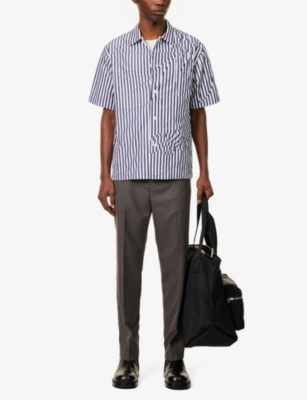 Shop Sacai Men's Navy Stripe Stripe-pattern Steeped-hem Boxy-fit Cotton-blend Shirt