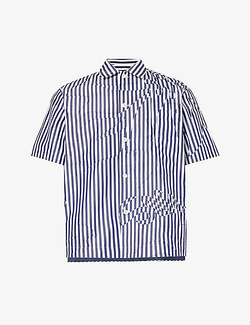 SACAI: Stripe-pattern steeped-hem boxy-fit cotton-blend shirt