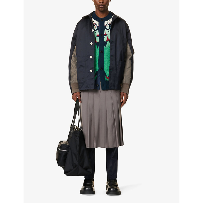 Shop Sacai Men's Navy Taupe Zip-pocket Contrast-panel Regular-fit Cotton Jacket