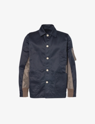 Sacai Zip-pocket Contrast-panel Regular-fit Cotton Jacket In Navy Taupe