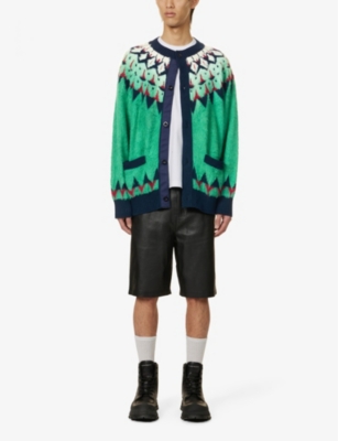 Shop Sacai Mens Green Jacquard-knit Relaxed-fit Cotton-blend Cardigan